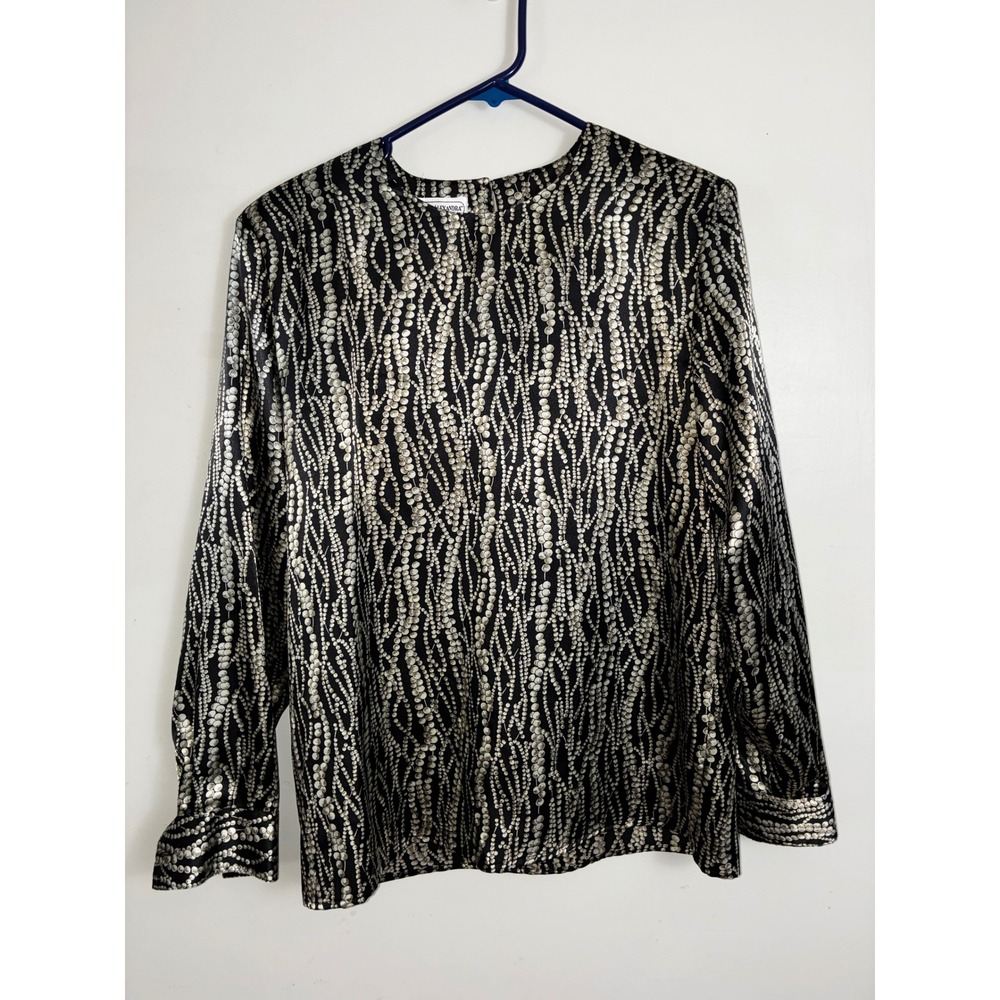 Lauren Alexandra Blouse Women 10 Black Silver Metallic Bead Print Long Sleeve